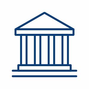 Blåt logo, der viser en retsbygning med søjler