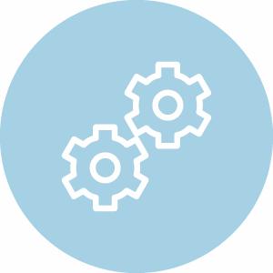 Symbol på blå baggrund der viser to tandhjul som symboliserer specialløsning