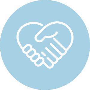 Symbol på blå baggrund der viser to hænder, som giver hånd