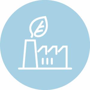 Symbol på blå baggrund, der forestiller en fabrik 