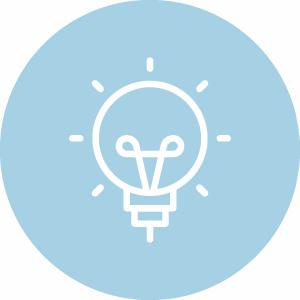 Symbol på blå baggrund der viser en elpære og symboliserer viden.