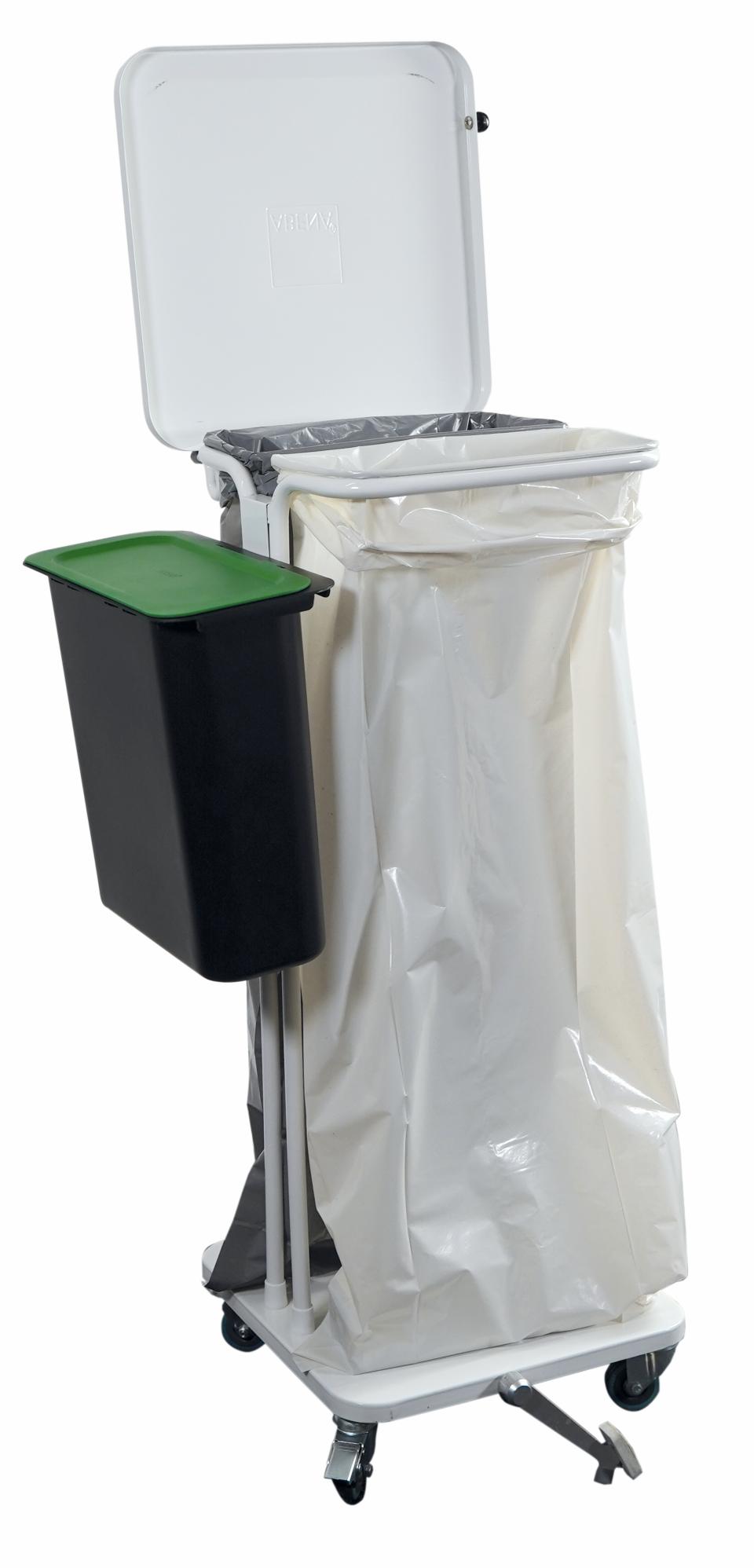 Affaldsstativ med hvid affaldspose samt lille spand