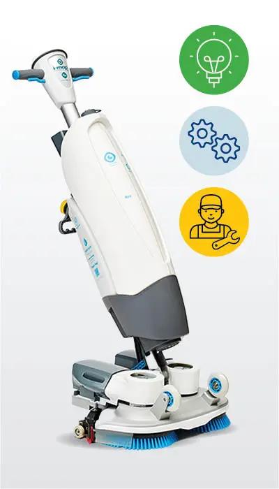 Hvid rengøringsmaskine sammen med tre runde cirkler, der viser en elpære, to tandhjul og en servicetekniker.