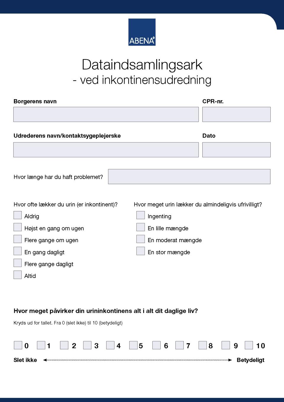 Dataindsamlingsark ved inkontinensudredning forside