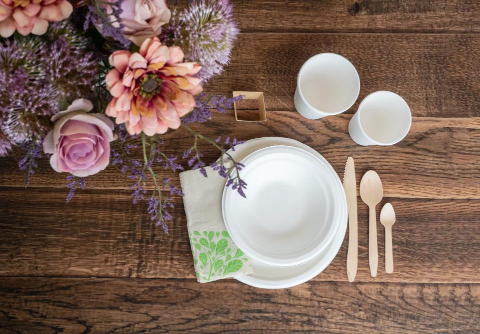Engangsservice i forskellige materialer anrettet på et bord.
